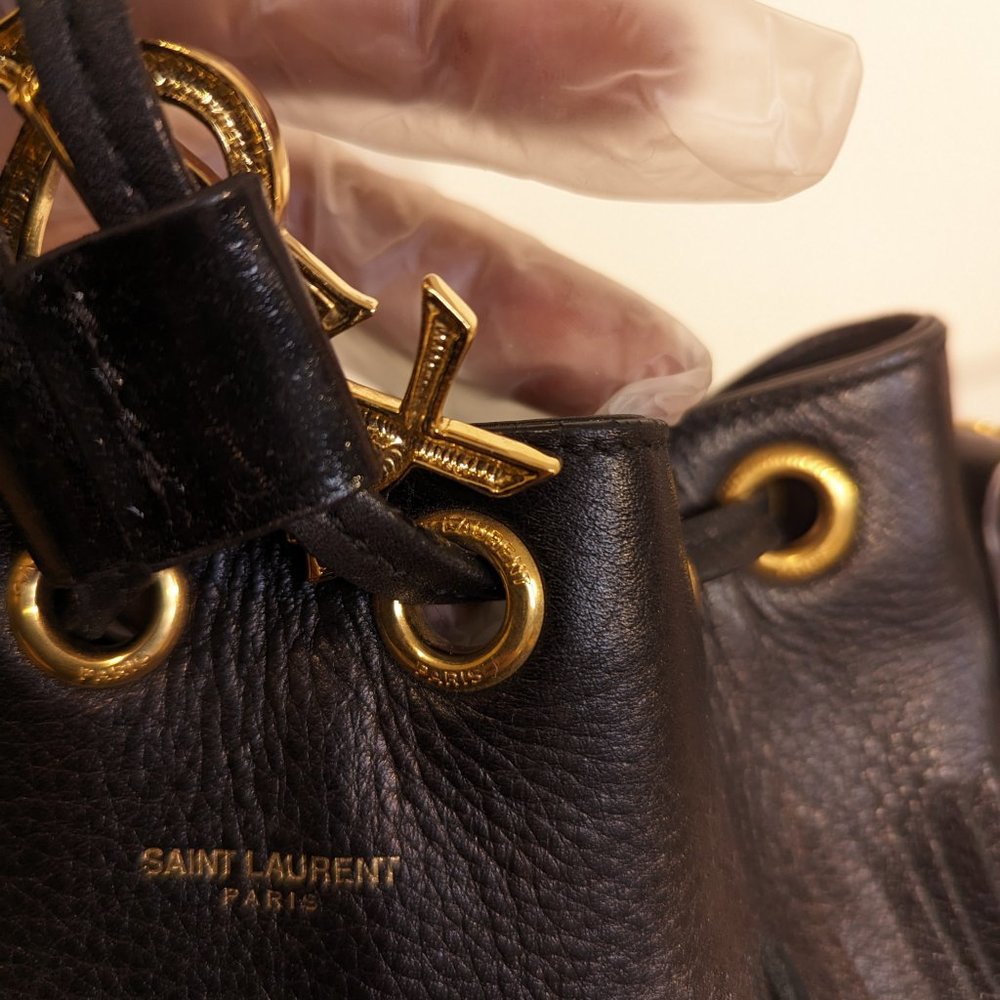 YSL Yves SAINT LAURENT Small Fringe Bucket Bag black gold vintage  Emmanuell - Picture 8 of 12